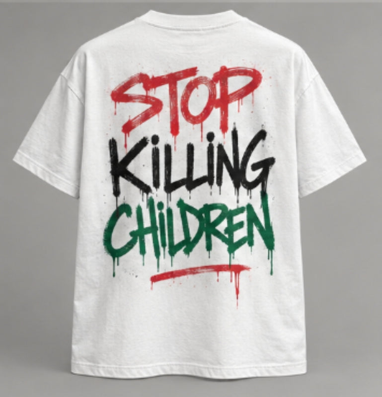 T-shirt — Stop killing children — vue du dos, blanc