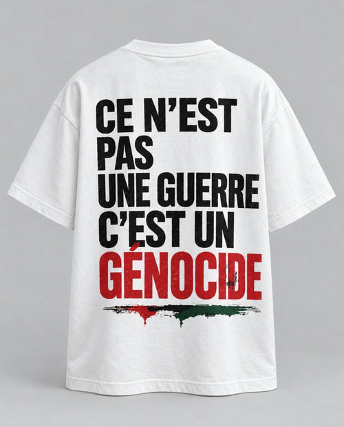 T-shirt — Ce n’est pas une guerre, c’est un génocide — vue du dos, blanc