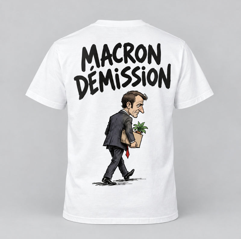T-shirt — Macron démission — vue du dos, blanc